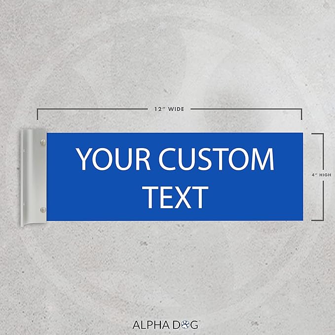 ALPHA DOG SIGNS Custom Projecting Hallway Nameplate, 4"x12" Double-Sided Business Sign, Personalized 2-Line Text, Indoor Outdoor, Easy Install, Durable, Made in USA (Blue)