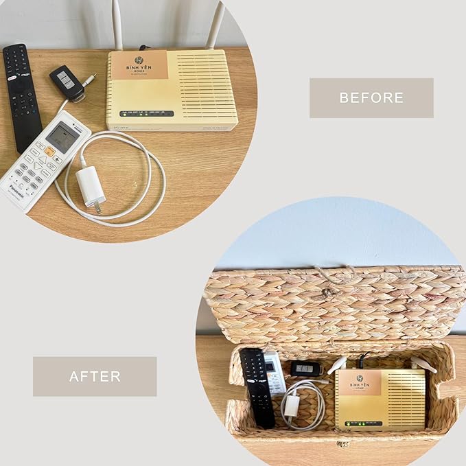 BINH YEN HOME Wicker Cable Management Box with Lid, A Handwoven Water Hyacinth Cords Hider Box for TV, Computer, Router, USB Hub to Hide Cords & Power Strip for Desk, Floor, Office, 16x6.9x6.9”