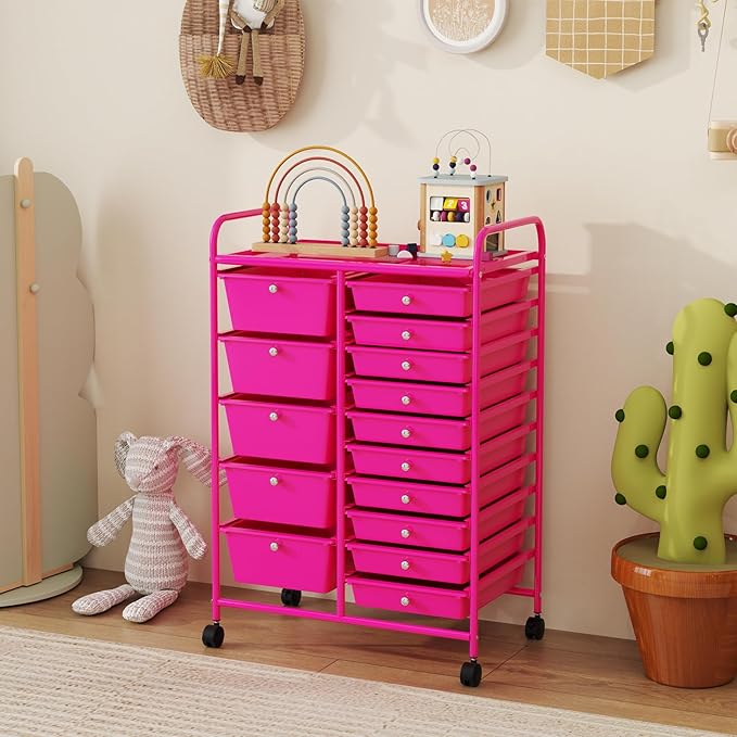 HAPPYGRILL 15-Drawer Rolling Cart, Storage Carts with Removable Drawers & Steel Frame, Utility Cart on Lockable Wheels for Home, School, Office (Hot Pink)