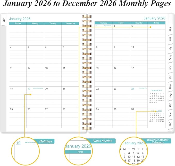 2026 Planner - Planner 2026 from January 2026 - December 2026, Weekly & Monthly Planners Spiral Bound with 12 Monthly Tabs, Inner Pocket, 6.4" x 8.5", Black