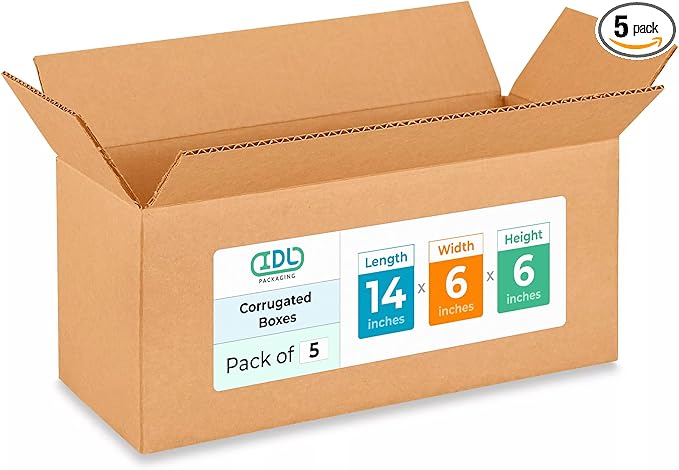 Medium Moving & Shipping Boxes 14 x 6 x 6 inches (5-Pack) - Extra Strength 200 lb vs Regular - Corrugated Packing Boxes for Delivery - Corrugated Box - Heavy Duty Shipping Box by IDL Packaging