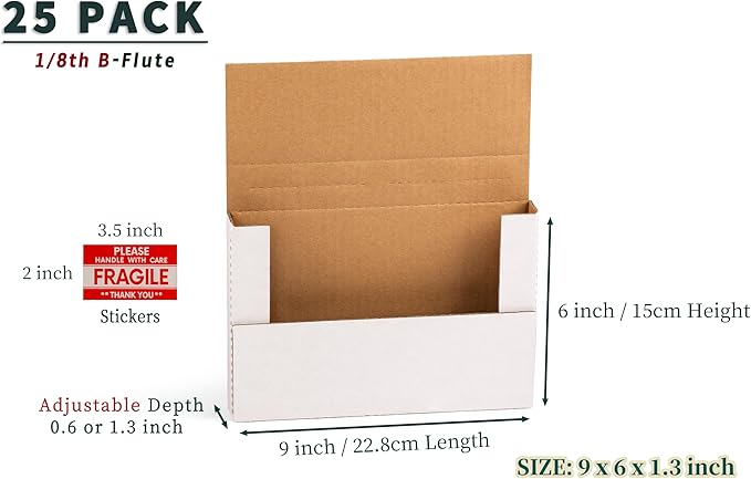 YUSHYIJIE 9x6x1.3 inch Small Shipping Boxes, Multi-Depth Flat Cardboard Boxes with Fragile Stickers for DVD Shipping, Packing, Moving, Storage, White, 25 Pack