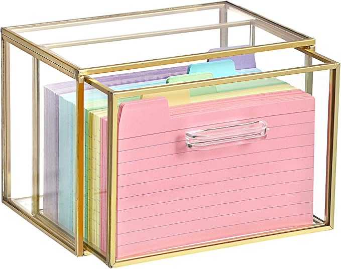BTSKY Golden Glass Index Card Organizer Box, 3x5 Inch Index Cards Holder with Drawer, Flash Card Storage Holder, Recipe Notecard Box for Office Desk Photo Case Business Cards and Study Note Cards