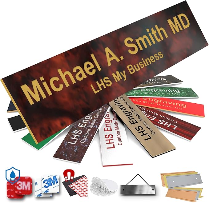 Engraved Name Plates for Door Sign Personalized Burlwood Plastic Plaque with Gold Letters - Made in USA 2x4 N2