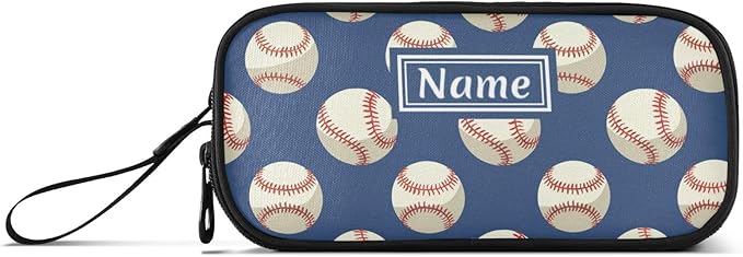 BOENLE Custom Baseballs Ball Blue Pencil Case Box Boys Girls Personalized Name Large Pencil Pouch Stationery Pen Bag Organizer for Kids Adults School Office