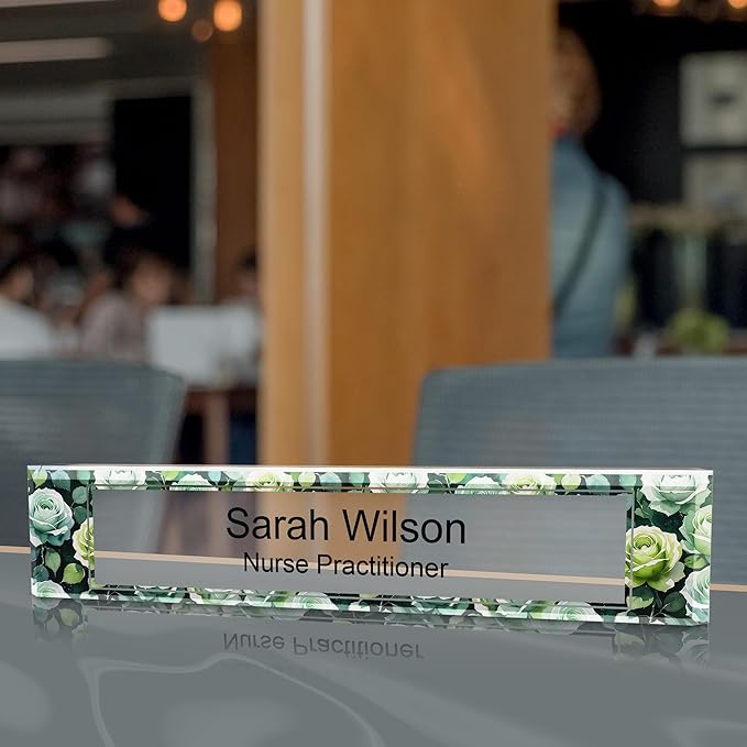 Signs ByLITA Floral Pattern Customized Nameplate | Sage Rose Personalized Full Color Acrylic Desk Sign