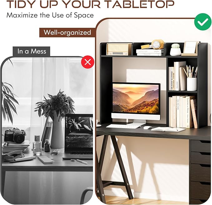 Tangkula Desktop Bookshelf, Countertop Storage Hutch with Shelves for Computer Desk, Desk 3-Tier Display Rack, Multipurpose Wood Desktop Hutch Storage Organizer for Dorm Office (Black,5 Shelves)