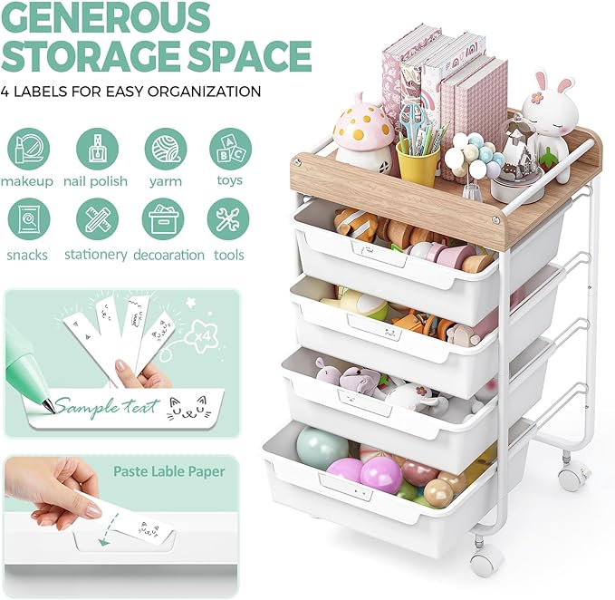Rolling Storage Utility Cart With 4 Drawers,Kids Craft Art Cart,Makeup Organizer And Storage with Wooden Tabletop,White