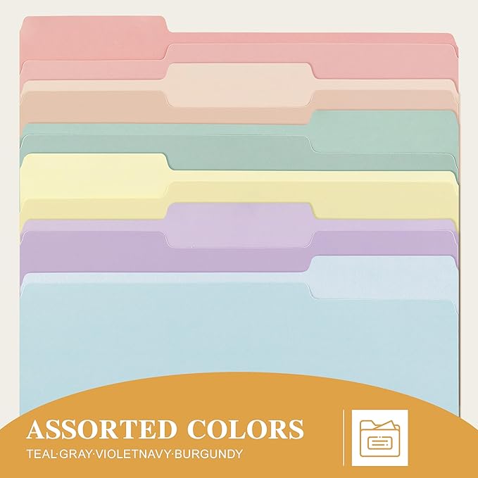 Color File Folders, 1/3-Cut Tabs, Letter Size, 6 Colors Organizer File Folders for School Home Office Business (120, Pastel Colors)
