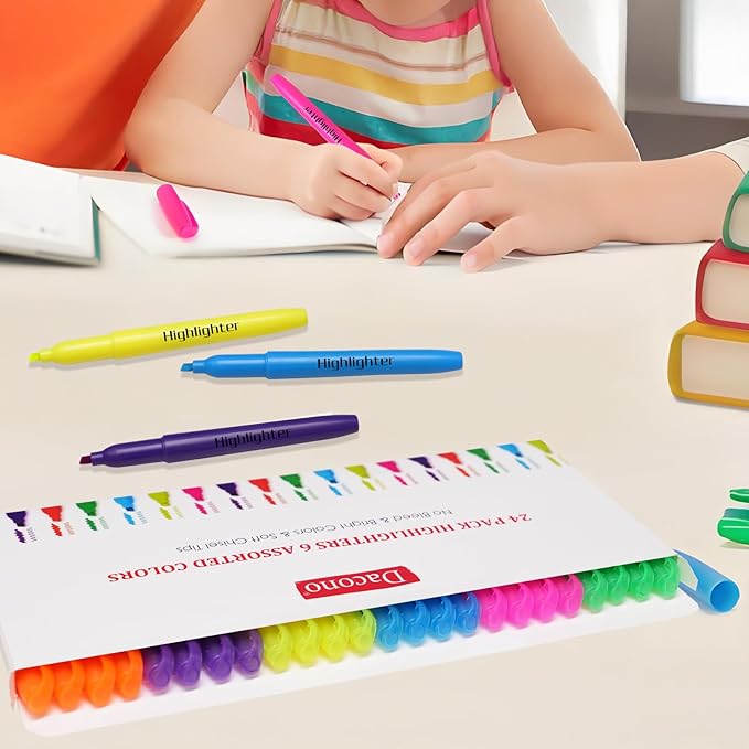 Dacono Highlighters Assorted Colors, Highlighters for School with Soft Chisel Tips, Bible Highlighter No Bleed, Quick-Drying Highlighter Markers for Teacher Students, Classroom Must Have, 24 Pack