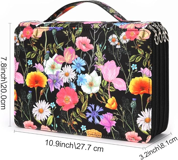 Vomgomfom Colored Pencil Case - 200 Slots Pencil Holder with Zipper Closure Twill Fabric Large Capacity Pencil Case for Watercolor Pens or Markers, Pencil Case Organizer for Artist (Black Flower)