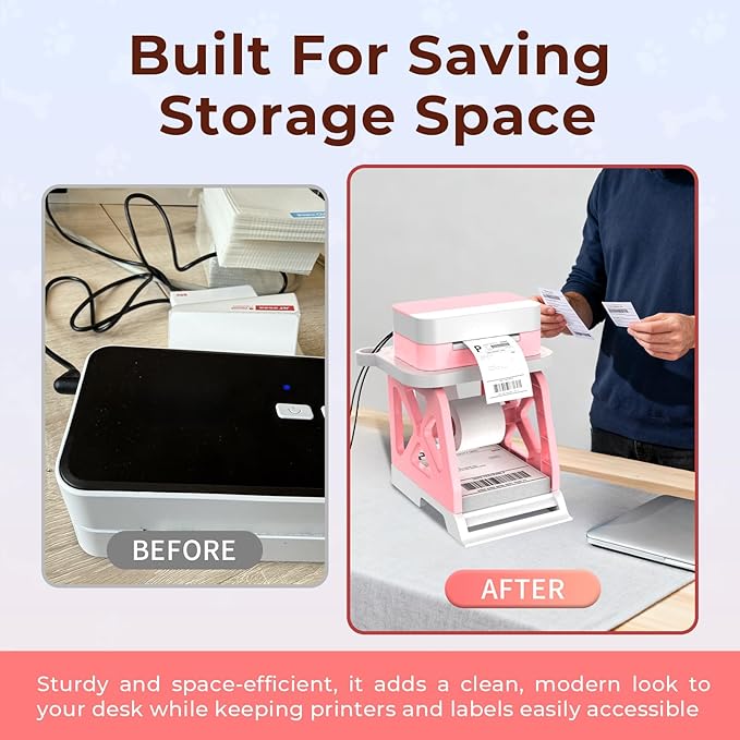 Guermok 3-in-1 Thermal Label Holder Stand for Printer – Desk Organizer for Roll & Fan-Fold Labels, Cable Management, Easy Assembly for Home, Office, Retail & Small Business(Pink)