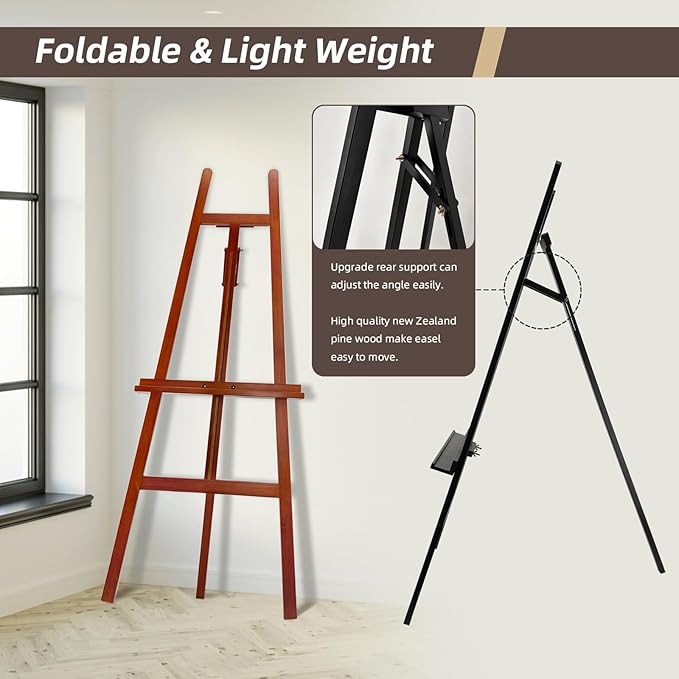Stuelloaf Large A-Frame Wooden Painting Display Black Easel, Large Adjustable Pine Wood Standing Easel Holding Canvas Up to 60'', Solid Wood for Display, Wedding Sign or Painting-Black