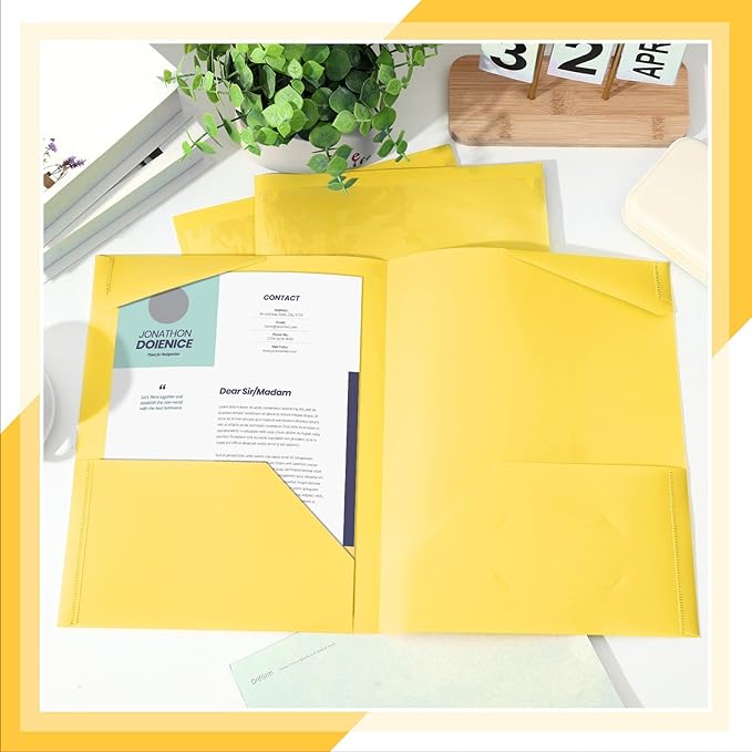 Henoyso 18 Pcs Plastic Folders with Clear Front Pockets Heavy Duty File Folders with 2 Pockets and Card Slot for Student Communication School Office Presentation Report (Yellow)