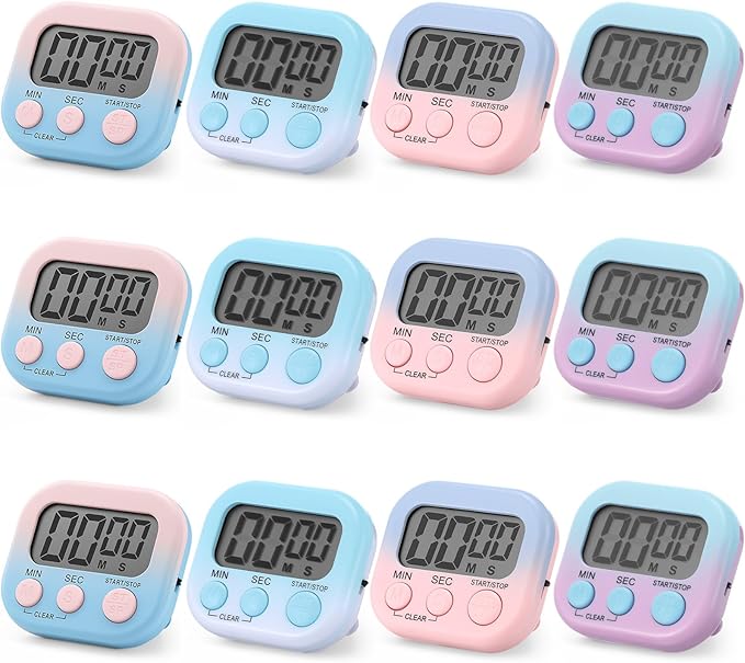 Weewooday 12 Pcs Digital Kitchen Magnetic Timer Bulk Classroom Count up Countdown Timer Large Digits Egg Loud Alarm Cute Desk Stopwatch for Teacher Kids Cooking Office(Pink and Blue,Gradient Style)