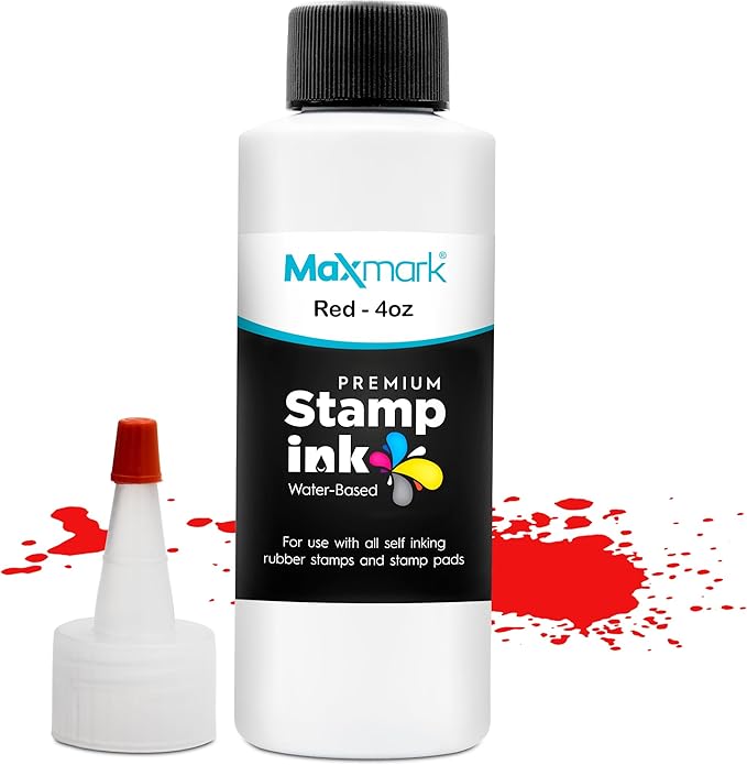 MaxMark Premium Refill Ink with Control Tip Bottle for Self-Inking Stamps, Red Color - 4 oz.