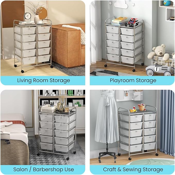 LDAILY 10 Drawer Rolling Cart, Storage Cart Organizer on Wheels, Drawer Cart with Metal Frame & Large Storage Capacity, Rolling Cart with Drawers for Living Room Classroom, Office