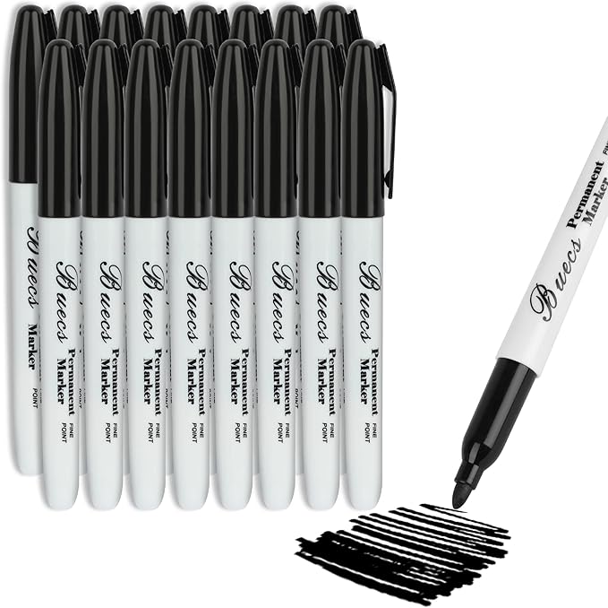 Buecs Permanent Markers, 128 Count Black Permanent Markers, Fine Point, Waterproof & Smear Proof Markers, Quick Drying, Office Supplies for School, Office, Home