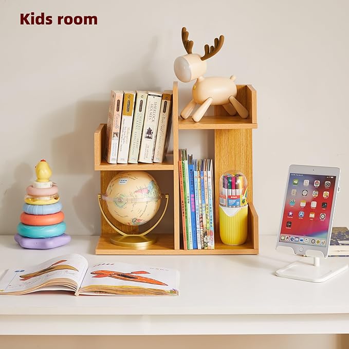 Aibiju Short Bookshelf Small Desk Organizer, Cactus Bookshelf Unique Bookcase, Book Display Shelf Small Plant Stand for Tabletop, Natural Wood Color YD-DSR002N