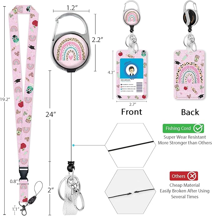 Rainbow Teacher Lanyards for Id Badges, Cute Badge Reel Heavy Duty with Carabiner Clip, Fashionable ID Badge Holder with Breakaway Lanyard, Teacher Nurse Office Christmas Gifts