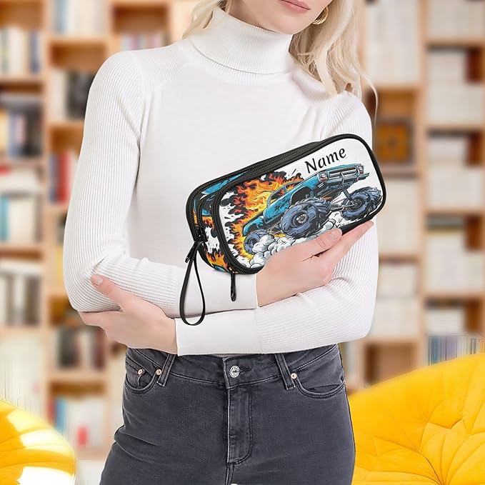 BOENLE Custom Truck Flame Pencil Case Box Boys Girls Personalized Name Large Pencil Pouch Stationery Pen Bag Organizer for Kids Adults School Office