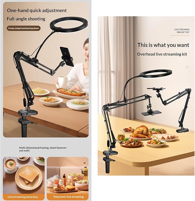 Overhead Camera Mount and Phone Holder with 10” Ring Light Adjustable Desk Tripod Stand Compatible with Logitech Webcam for YouTube, Live Streaming, TikTok, Cooking, Nail Video & Zoom Meetings