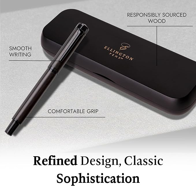 Ellington Pens Luxury Wood Fountain Pen Set – Fine Nib - Includes 6 Ink Cartridges, Wooden Pen Gift Box, Ink Converter - Wood Pen For Writing, Calligraphy, Journaling, Drawing (Ebon Elegance)