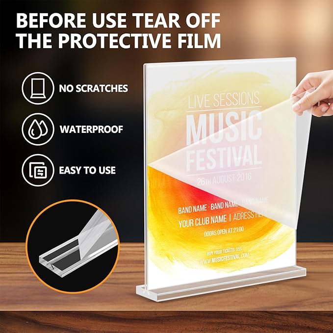 Enayplon Acrylic Sign Holder 8.5 x 11, Double Sided Sign Holder Stand, Plastic 12 Pack Table Paper Stand, Vertical Menu Flyer Stand, T Shape Table Flyer Holder