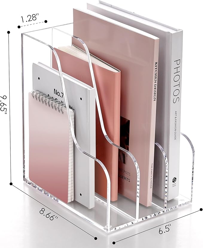 SANRUI Acrylic File Organizer, Compact Desk Organizer for Folders, Binders, Notebooks, Envelopes, Clear Magazine File Holder, 3 Section Bookshelf for School Home Office Organization, A4 Size