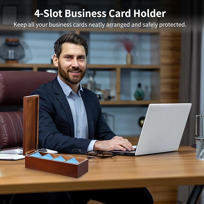 Wooden Business Card Holder, 4-Compartment Card Storage Box, Business Card Organizer, Desktop Divided Index Card Box for Office, Home, 11.1×4.4×3"