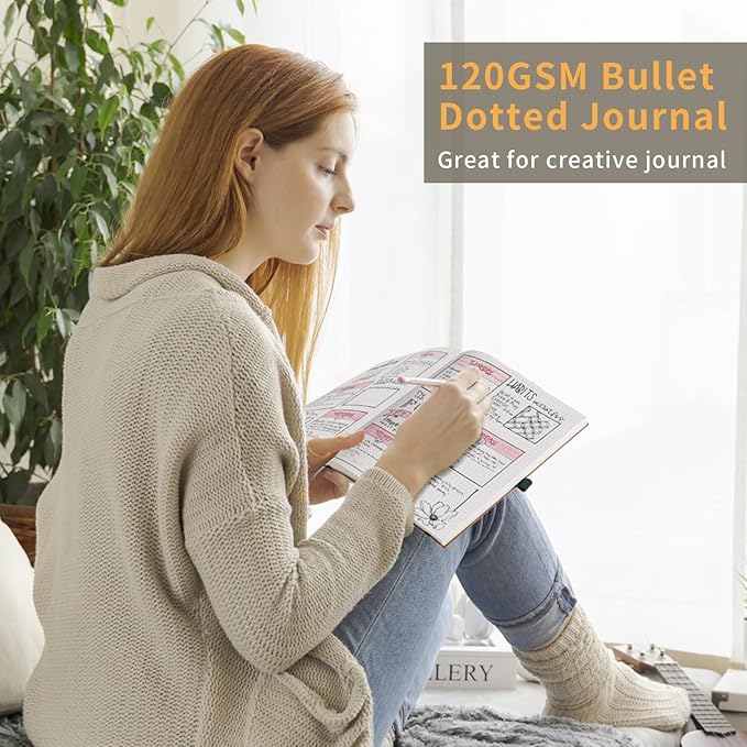AHGXG Bullet Dotted Journal - Dot Grid Notebook Journal, 120 GSM Thick Acid-Free Paper, Large B5 Dotted Notebook 96 Pages, Leather Softcover, Inner Pocket, Journal Stencil, 7.6'' X 10'' - Gray Blue