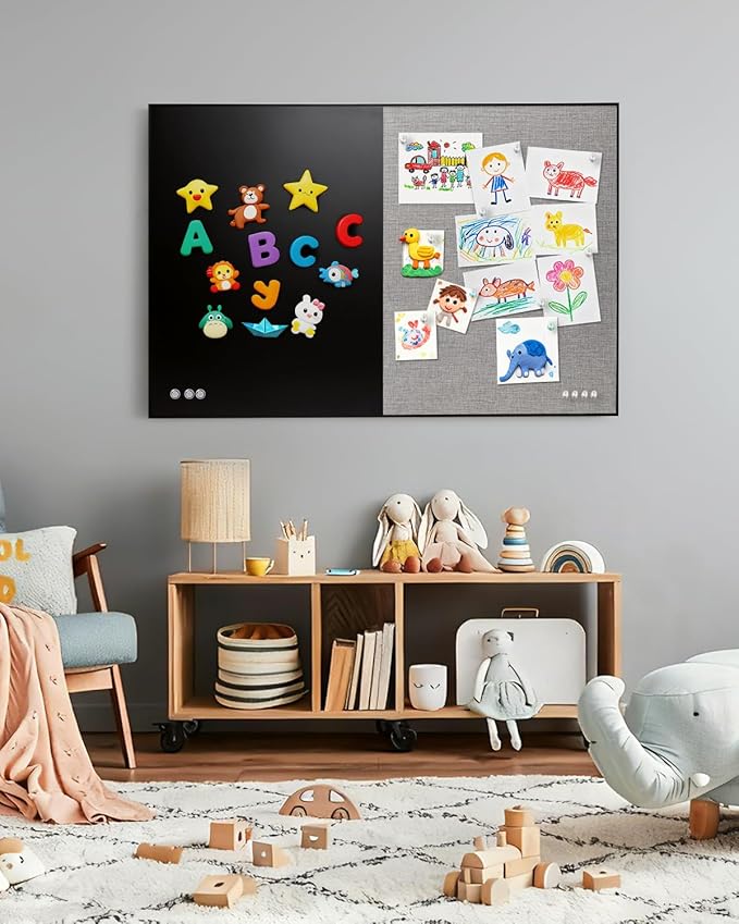 Lightomorrow Bulletin Board 36 x 24 inches, Black Board & Grey Fabric Board Combo, Black Aluminum Framed Linen Vision Board with 10 Push Pins