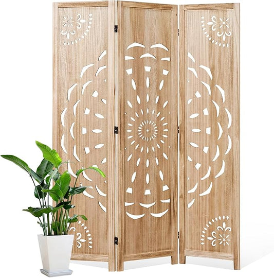 66.9Inch Wooden Room Partition - 3 Panels Boho-Styled Space Room Divider for Home/Office, Headboard & Yoga/Photo/Video Call Backdrop (Natural)