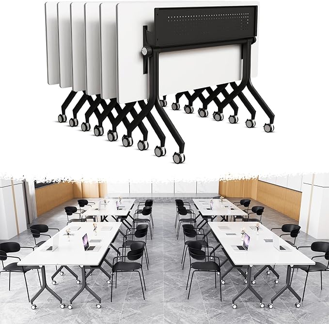 Goakwwuz Conference Room Table, Folding Conference Tables,Thicken Grey Tabletop,Flip Top Wooden Seminar Meeting Room Table for Conference Room Offices (6, Black Drawer, 55.1”)