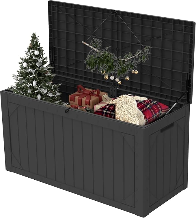 PATIOEASY Outdoor Storage Box 100GAL Waterproof Resin Deck Box,UV-Resistant Lockable Package Delivery Bin for Garden Tools,Large Patio Outside Cushions,Pool Accessories Supplies,Chest,Furniture,Brack