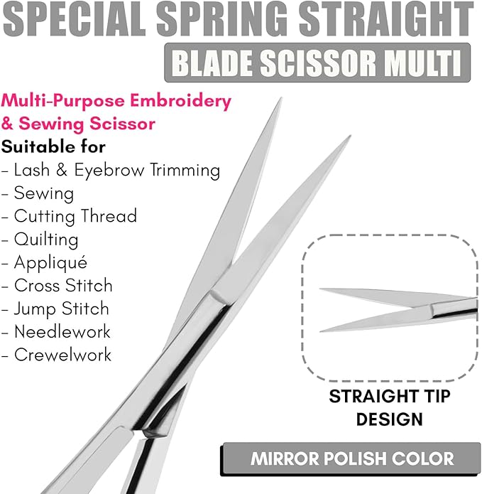 Cross Edge Spring Scissors 5 Inch straight Stainless Steel Precision Eyebrow & Eyelash Shaping & Trimming Scissor, Snips Squeeze, Embroidery, Knitting Micro Tip Craft Scissors (Silver)