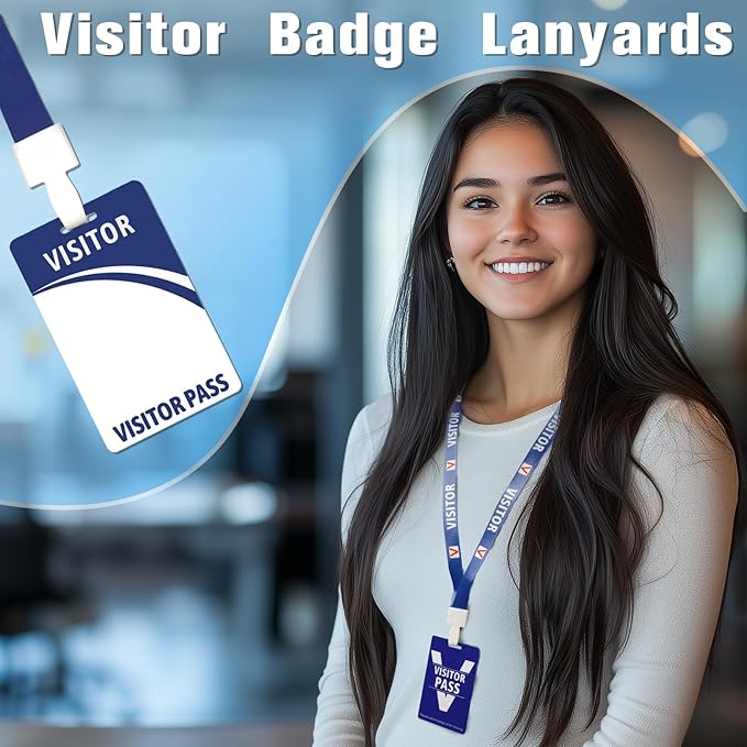 Visitor Badge Lanyards Volunteer Badge Holder with Clips (25 pcs) - Reusable Temporary ID Pass for Office, School, Events PVC Plastic Security Cards for Exhibition Guest by OSTENBIG (Blue)