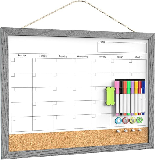 Calendar Whiteboard for Wall, 18x24 Inches Dry Erase Calendar Cork Board Combo, Magnetic Monthly White Board with Wood Framed, Hanging Dry Erase Board for Home Kitchen Office Planner Memo
