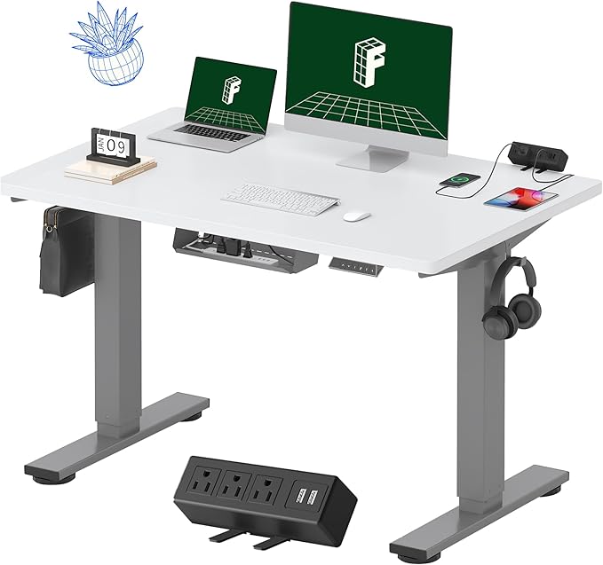 FLEXISPOT EN2 Whole-Piece Standing Desk with Clamp Power Strip, 48 x 30 Electric Stand Up Height Adjustable Desk with Cable Management (Gray Frame + 48" White Top, 2 Packages)