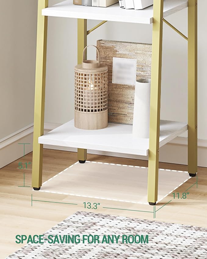 Hzuaneri Ladder Shelf, Bookshelf Bookcase, Freestanding Corner Storage Shelve with 2 Hooks for Home Office, Living Room, Kitchen, Bedroom, Industrial, 11.8" D x 13.4" W x 72.8" H,White Gold BC13313G