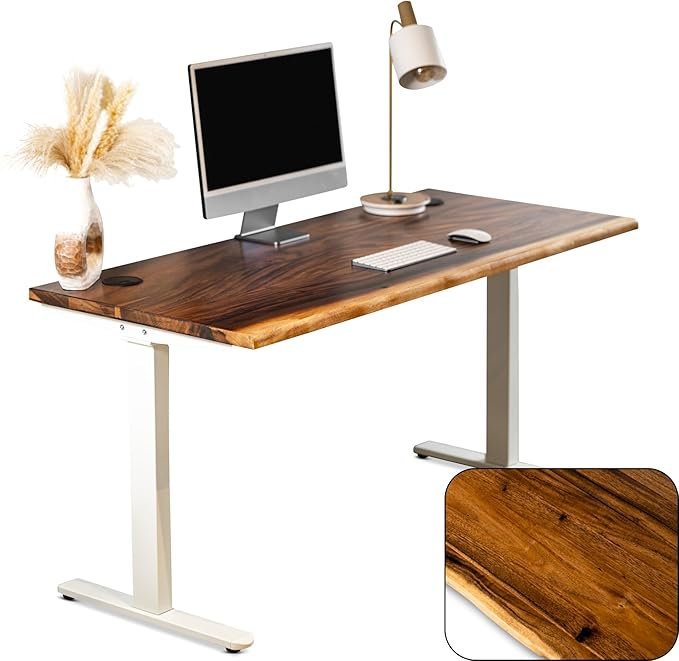 Standing Desk – Walnut Solid Wood Desk, Natural Live Edge, Adjustable Height Dual Motor, Sit Stand for Home Office (White, W60 x D27)
