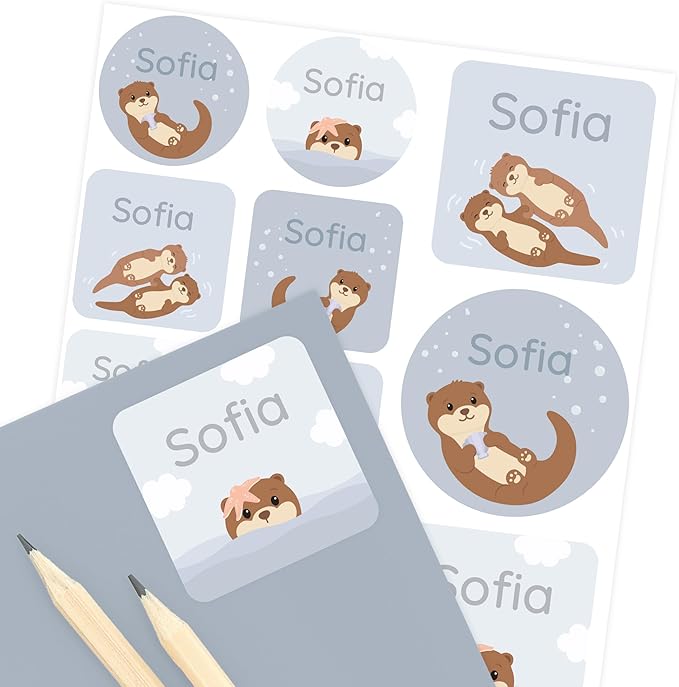 Large Name Labels for Kids (33) - Custom Stickers for Daycare and School Supplies - Durable, Waterproof Stickers for Water Bottles, Lunch Boxes, and More with Unique Designs - Otter