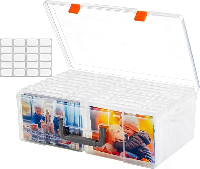 Photo Storage Box 5 x 7 Inches, 18 Inner Extra Large Photo Boxes with Dividers, Clear Acid-Free Photo Storage Containers with Handle, Photo Organizer Craft Keeper for Photo,Craft,Stamp,Sticker,Seed
