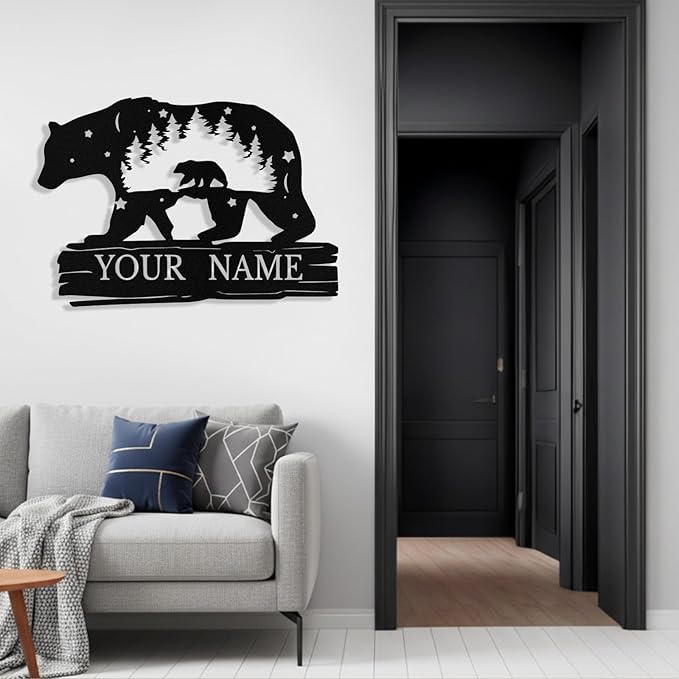 Custom Bear Metal Sign, Custom Bear Metal Wall Art Decor, Personalized Last Name Signs for Home, Rustic Farmhouse Black Wall Decor for Cabin, Bedroom, Living Room, Porch