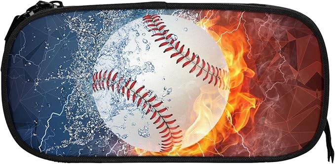 Baseball Pencil Box for Boys, Cool Sports Pencil Case with Water & Fire Background, Zipper Pouch Desk Organizer Travel Pen Box Stationery Organizer Bag Cosmetic Makeup Bag for Baseball Girls Lovers