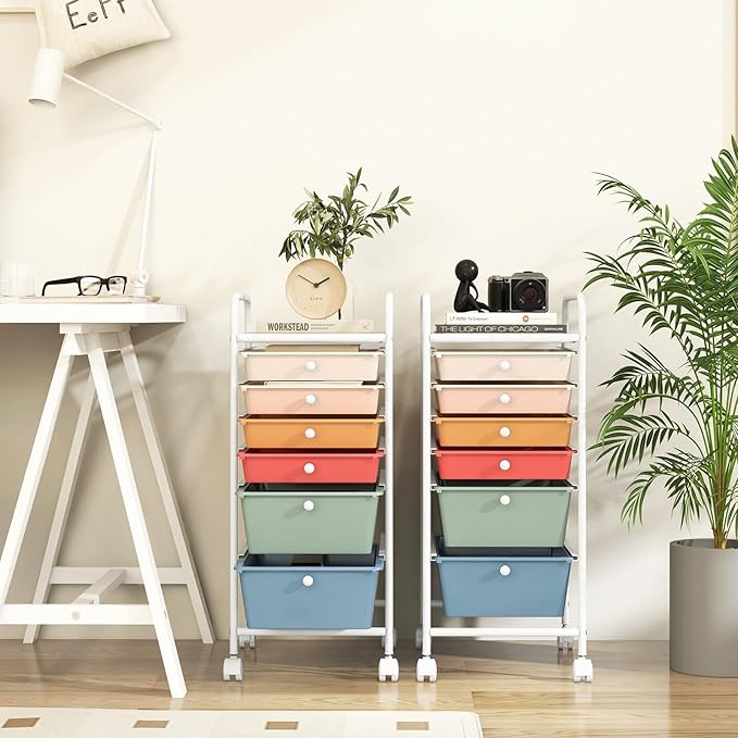 RELAX4LIFE 6-Drawer Rolling Storage Cart - Classroom Organization on Wheels w/Removable Plastic Drawers, Mobile Art Craft Cart for School Paper Home Office, Utility Cart with Drawers (Macaron)