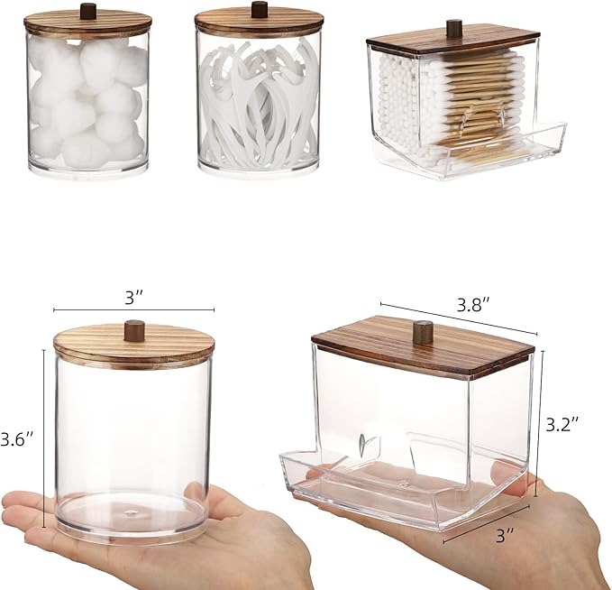 Tbestmax Qtips Dispenser Bathroom Container, 10/12 oz Big Cotton Ball Holder, Apothecary Jar Organizer for Storage Cotton Swab, Round Pads, Floss Picks (Brown Wood Lids)