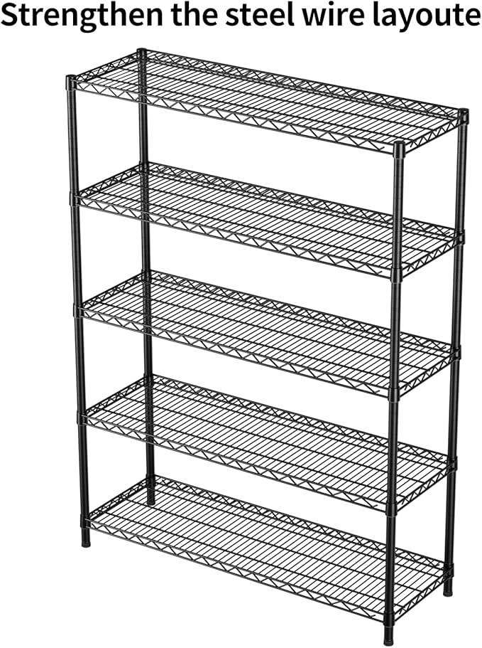 SINGAYE 5 Adjustable Heavy Duty Garage Shelving Wire Shelves Metal Standing Units Bathroom Organizers and Storage Shelf Closet Metal Pantry Kitchen 18" DX46 WX77 H Black