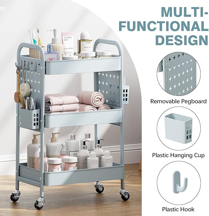 KINGRACK 3 Tier Rolling Cart with DIY Hanging Board, Metal Rolling Utility Cart with Wheels Handles Baskets Hooks, Rolling Storage Cart Suitable for Bathroom, Kitchen, Office, Nursery Diaper (Green)