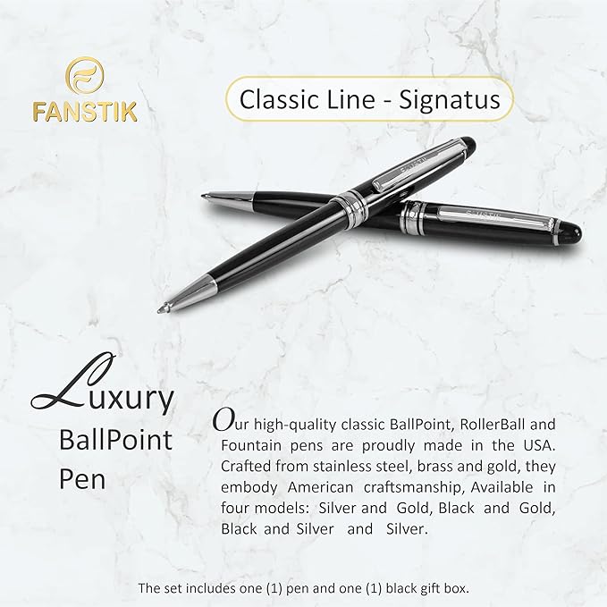 FANSTIK Customized BallPoint pen with name (MADE IN USA), stainless steel, black and silver, luxury engraved pen personalized for men and for women. (BallPoint Black-Silver)